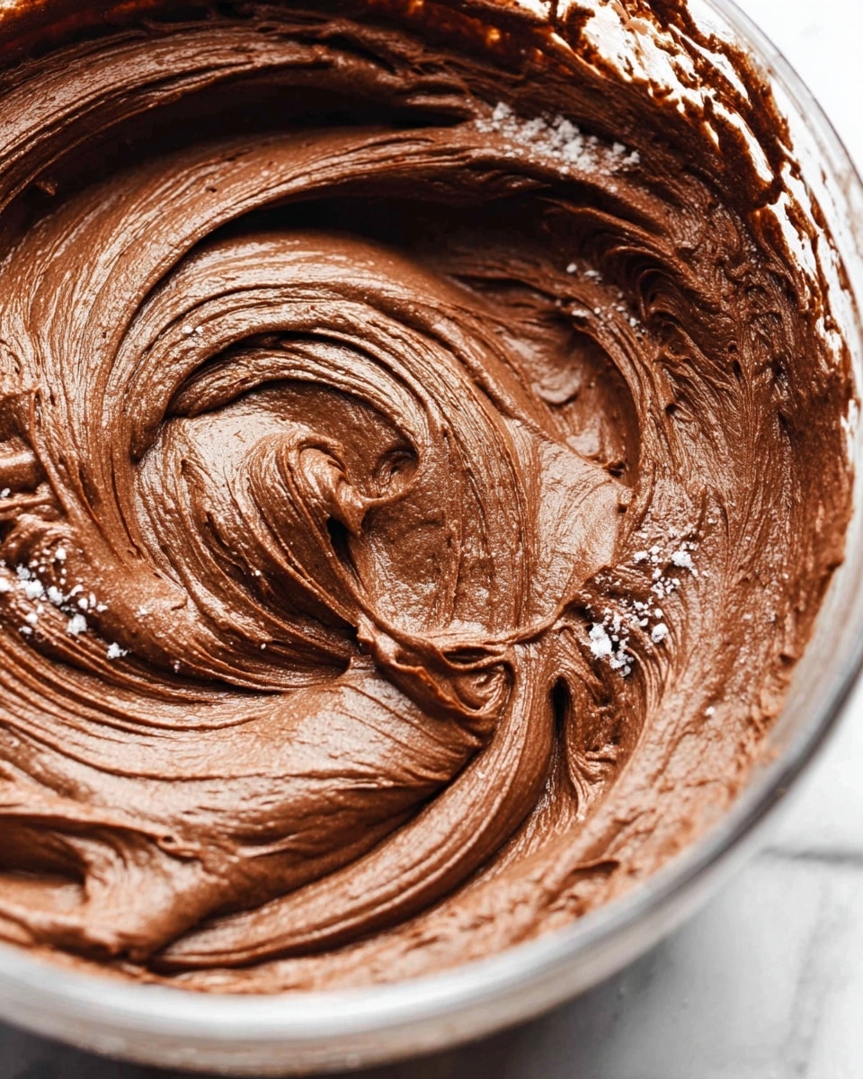 A close-up view of thick, smooth chocolate batter with a rich brown color in a clear glass bowl. The batter has soft, wavy lines made by stirring, creating a smooth and creamy texture with swirls and folds showing movement. Small bits of powdered sugar cling around the edges inside the bowl. The background is a white marbled texture. photo taken with an iphone --ar 4:5 --v 7