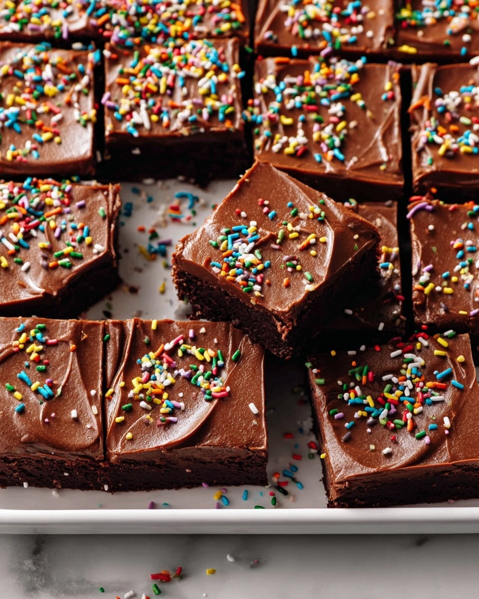 A white tray filled with neatly cut square pieces of chocolate cake, each topped with a smooth layer of thick chocolate frosting. The frosting is shiny with a few visible swirl patterns, and colorful rainbow sprinkles are scattered evenly on top of every piece. Some squares are slightly moved, revealing the dark brown, moist texture of the cake beneath the frosting. A white marbled surface holds the tray and has extra sprinkles scattered on it, creating a playful, bright contrast with the dessert; photo taken with an iphone --ar 4:5 --v 7