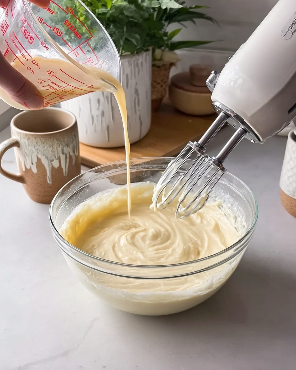 A large clear glass bowl filled with thick, creamy pale yellow batter sits on a white marbled surface. A white electric hand mixer with silver beaters is mixing the batter inside the bowl. On the left side, a woman's hand is holding a clear Pyrex measuring cup with red markings, pouring a light brown liquid into the bowl. In the background, there is a tan ceramic mug with white dripping glaze and a white pot holding a green plant. Photo taken with an iphone --ar 4:5 --v 7
