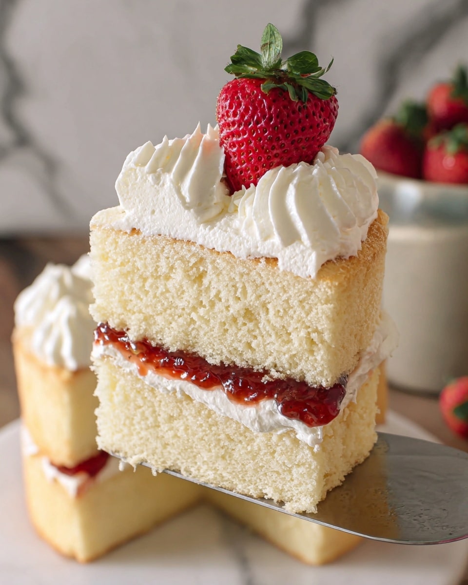 A two-layer vanilla sponge cake slice is shown being lifted by a pie server. The bottom layer is light yellow with a soft texture, topped with a thick layer of white whipped cream spread evenly. Above the whipped cream, a layer of shiny, red strawberry jam adds a glossy contrast. The top layer of sponge cake is similar in color and texture to the bottom layer and is decorated with a thick piped ring of white whipped cream. A bright red strawberry with green leaves sits on top of the whipped cream, adding a fresh touch. The cake below is on a white marbled surface with another slice visible in the background. photo taken with an iphone --ar 4:5 --v 7
