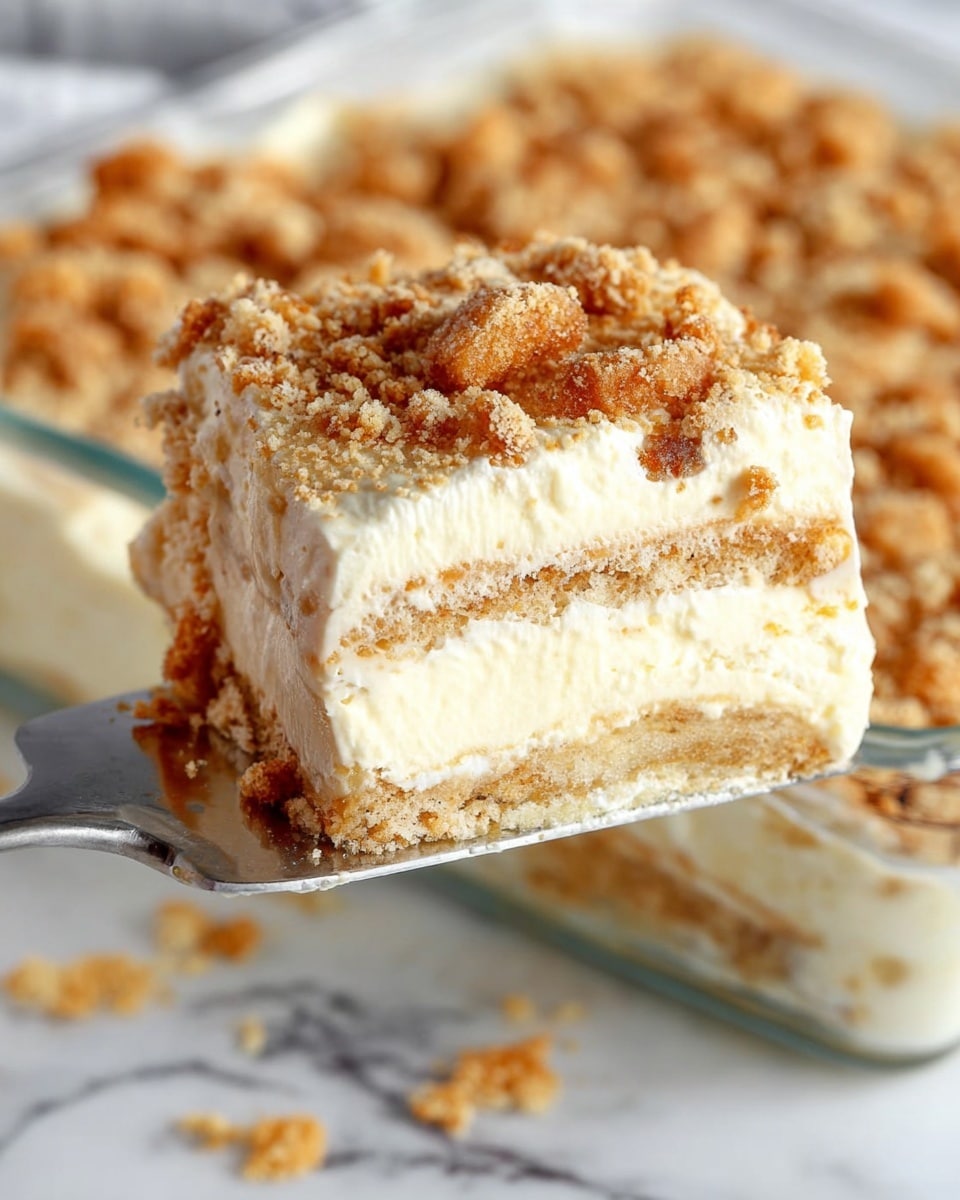 The image shows a close-up of a multi-layered dessert on a white marbled surface with a fork to the side. The dessert has at least three layers: the bottom layer is a light brown crust with a crumbly texture, the middle layer is thick and creamy with a white color, and the top layer consists of a crumbly mixture with chunks of light brown and caramel-colored pieces scattered on top, creating a rough texture. The layers sit on a wooden surface with some crumbs around. In the background, there is a blurred banana, adding a soft yellow hue and a cozy, homey feel to the image. Photo taken with an iphone --ar 4:5 --v 7