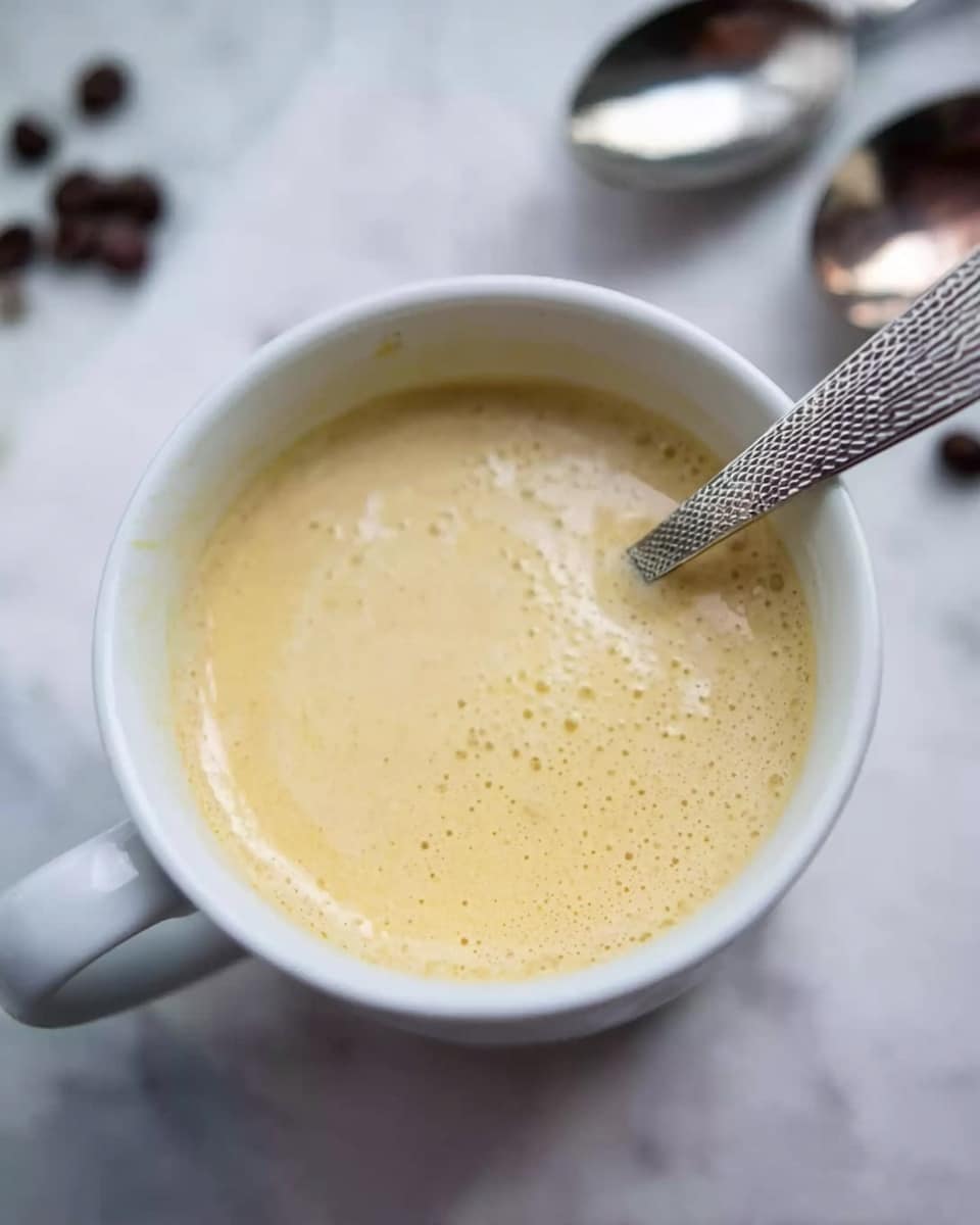 A close-up of a white cup filled with a creamy light yellow liquid that has small bubbles and a smooth texture on the surface. A metal spoon with a patterned handle is placed inside the cup on the right side, slightly angled. The cup is resting on a white marbled surface, and blurred objects, including measuring spoons and dark small pieces, are seen in the background. photo taken with an iphone --ar 4:5 --v 7
