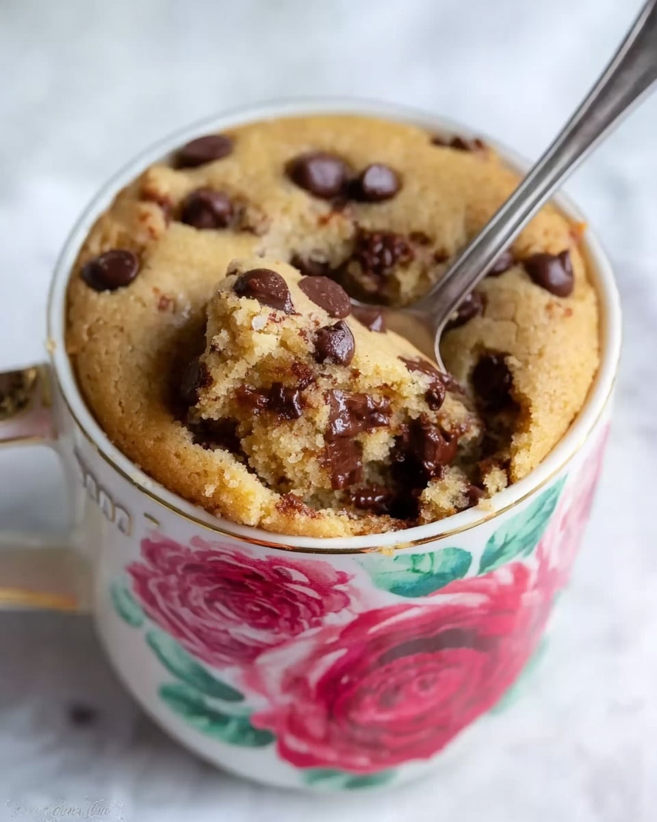 A close-up of a single serving cookie baked in a white mug decorated with large red and pink roses and green leaves. The cookie inside the mug is golden brown, soft, and slightly cracked on top, with melted dark chocolate chips scattered throughout. A silver spoon is digging into the cookie, revealing its moist texture inside. The background is a white marbled surface. photo taken with an iphone --ar 4:5 --v 7