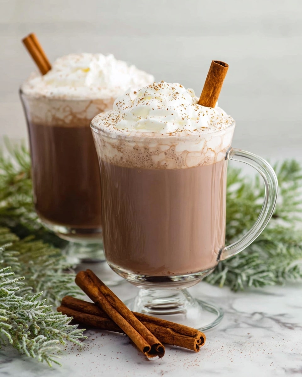 Two clear glass mugs filled with light brown hot chocolate, topped with a thick layer of white whipped cream sprinkled with small brown specks. Each mug has a single cinnamon stick standing vertically, placed at the back of the whipped cream. The mugs have a round base and a handle. The drinks sit on a white marbled surface with green frosted pine branches and two cinnamon sticks lying in front of the closest mug. Photo taken with an iphone --ar 4:5 --v 7