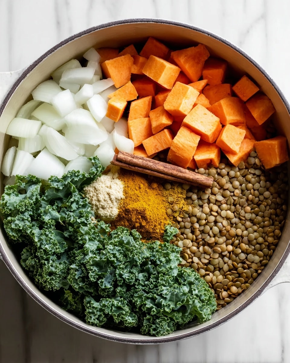 A round white pot holds several raw ingredients separated in layers: top left has white chopped onions with a smooth texture, top center shows bright orange chopped sweet potatoes in small cubes, top right is filled with light brown dry lentils, bottom center has a rough pile of yellow curry powder with a small amount of minced ginger on top, next to it is a single whole cinnamon stick, and the bottom half of the pot contains fresh dark green curly kale leaves with a textured surface. The background is white marble. photo taken with an iphone --ar 4:5 --v 7