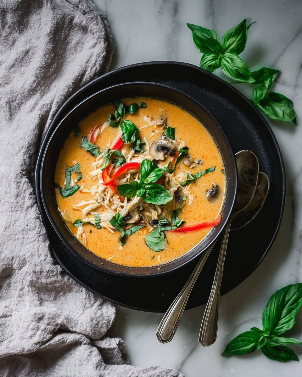 A black bowl filled with creamy orange soup sits in the middle of a larger black plate, all placed on a white marbled surface. The soup has visible layers of shredded light chicken, thin red pepper strips, and dark sliced mushrooms in a rich broth. On top, bright green leafy herbs are scattered, adding fresh color. To the right, whole green basil leaves sit casually next to the plate, and two silver spoons lie crossed in front on the surface. A light grey cloth is draped nearby, softly textured. Photo taken with an iphone --ar 4:5 --v 7