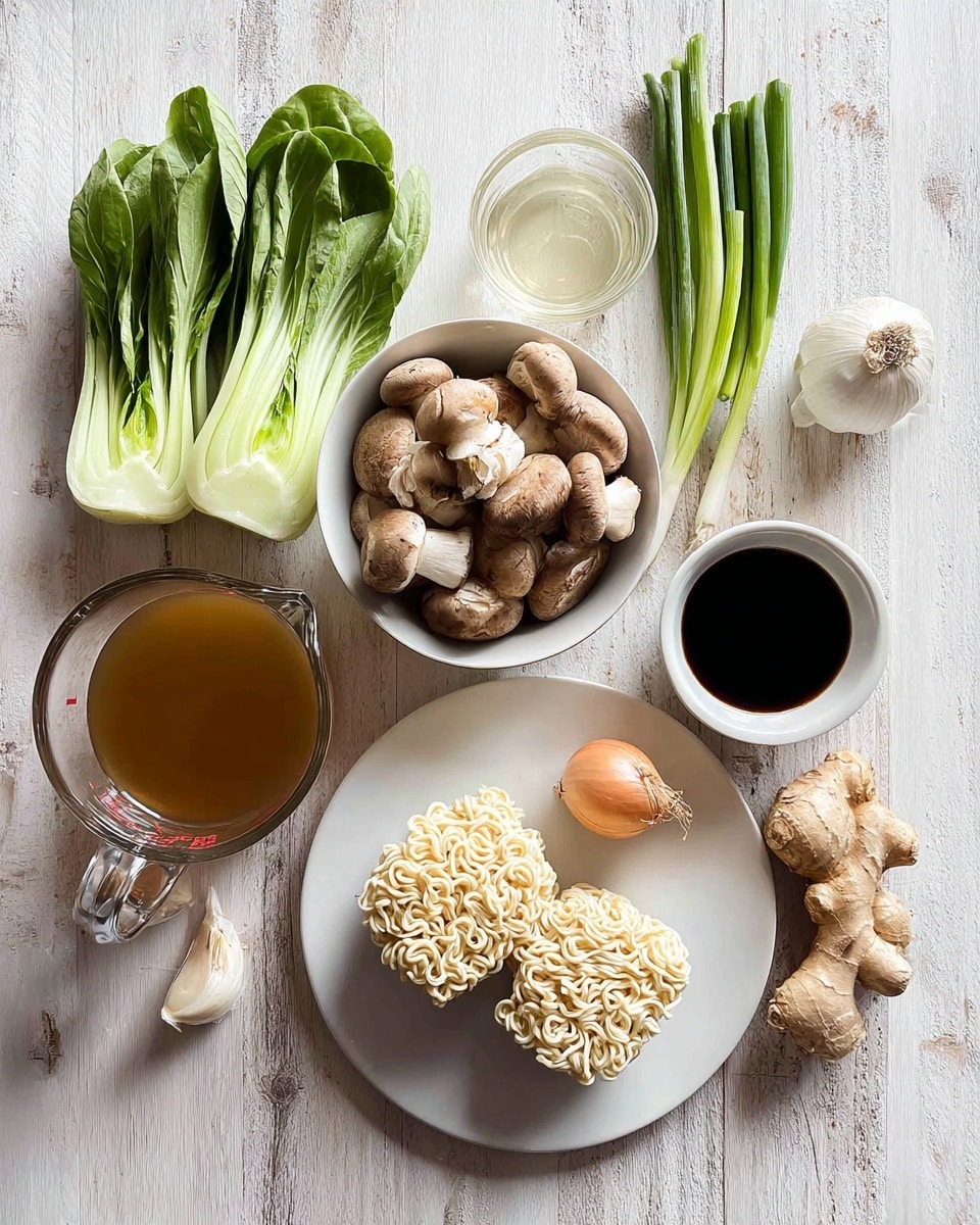 The image shows fresh ingredients arranged on a white marbled surface. At the center bottom is a white plate holding two round, curly blocks of uncooked ramen noodles. To the left of the plate is a glass measuring cup filled with light brown broth. Above the broth is a white bowl filled with a mix of light to medium brown shiitake mushrooms. To the top left are several fresh green baby bok choy with white stalks. On the top right, there are green onions laid out in a row, next to a small clear glass bowl with a pale liquid and a white bowl containing dark soy sauce. To the right of these bowls are a whole shallot, a whole garlic bulb, a small jar of light golden miso paste, and a piece of fresh ginger, all spaced apart. The light wood grain texture of the surface shows softly through the white marble. photo taken with an iphone --ar 4:5 --v 7