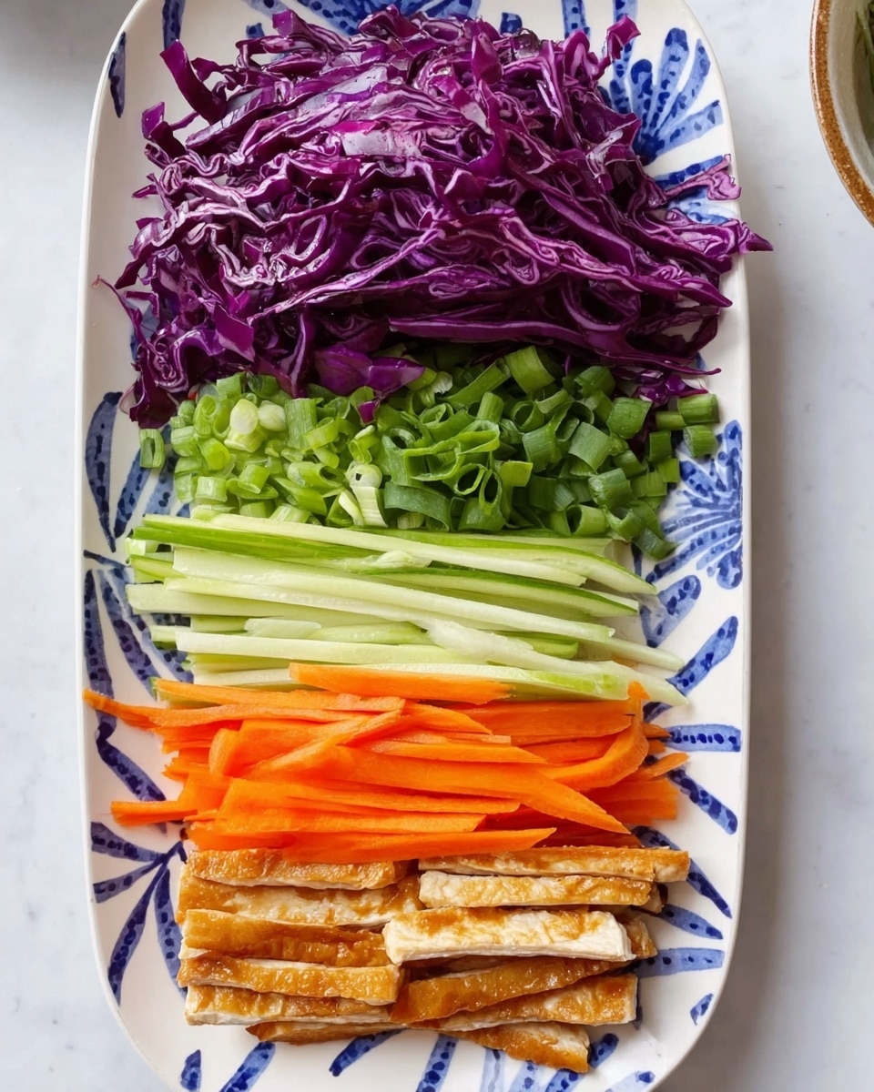 A white rectangular plate with blue leaf patterns is arranged with four layers of ingredients from top to bottom. The top layer consists of shredded purple cabbage with a rich, deep purple color and a slightly crinkled texture. Below it is a layer of chopped green spring onions with a fresh, bright green hue. The third layer shows thin, long strips of light green cucumber with a smooth texture. The fourth layer has thin orange carrot sticks, neatly placed in a bunch. At the bottom are slices of cooked tofu with a golden brown crispy outer layer, stacked closely together. The plate sits on a white marbled textured surface. Photo taken with an iphone --ar 4:5 --v 7