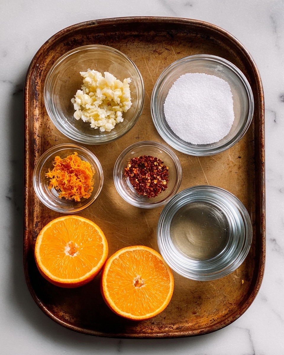 A rusty brown metal tray holds six small glass bowls arranged closely together, with two halves of a bright orange placed at the bottom left and right corners. The largest bowl at the bottom right contains a clear liquid with a slight reflection on its surface. Toward the top right is a medium bowl filled with white granulated salt. Above the orange halves on the left side, one small bowl holds finely minced pale garlic, while another small bowl in the center holds red crushed pepper flakes. At the top left corner, the smallest bowl contains orange zest with a coarse texture. The tray is set on a white marbled surface. photo taken with an iphone --ar 4:5 --v 7