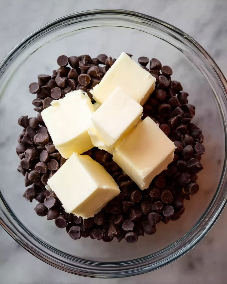 A clear glass bowl sits on a white marbled surface, filled with small, dark chocolate chips. On top of the chocolate chips are four square pieces of white butter, placed evenly with smooth edges. The contrast between the dark chocolate chips and the bright white butter pieces is clear, and the bowl's glass reflects light softly. Photo taken with an iphone --ar 4:5 --v 7