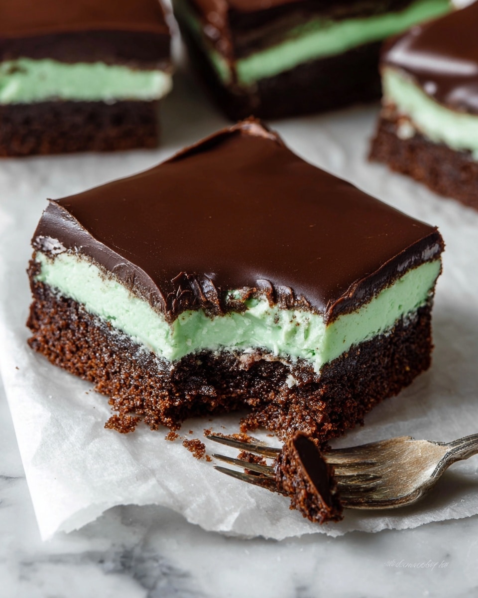 The image shows a square brownie layered dessert with three distinct layers. The bottom layer is a thick, dark brown, moist brownie base with a crumbly texture. The middle layer is a thick, smooth, light green mint filling that sits evenly on the brownie. The top layer is a glossy, rich dark brown chocolate coating that is firm and smooth, with some slight cracks on the edges. Nearby, a small piece of the brownie is held on a fork, showing all three layers clearly. The dessert is placed on white parchment paper over a white marbled surface. Photo taken with an iphone --ar 4:5 --v 7