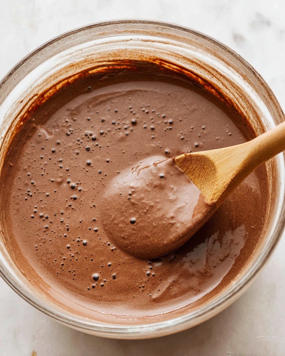 A clear glass bowl filled with smooth chocolate batter that has a thick and creamy texture with small air bubbles on the surface. A wooden spoon is partially submerged in the batter, lifting some of it, showing the rich brown color and slightly glossy finish. The bowl is set on a white marbled surface, and the edges of the bowl have traces of batter. photo taken with an iphone --ar 4:5 --v 7