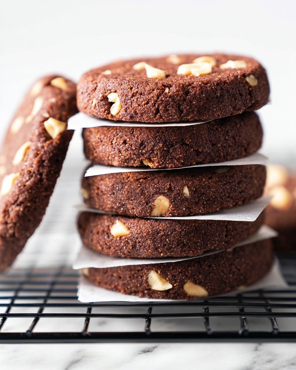 This image shows several round chocolate cookies with visible pieces of walnuts on top. The cookies have a rough, slightly crumbly texture and are laid out on a white marbled surface. Some cookies are whole, while others have small bites taken out, with crumbs scattered nearby. The dark brown of the cookies contrasts with the lighter beige walnut pieces, creating a rich, inviting look. Photo taken with an iphone --ar 4:5 --v 7