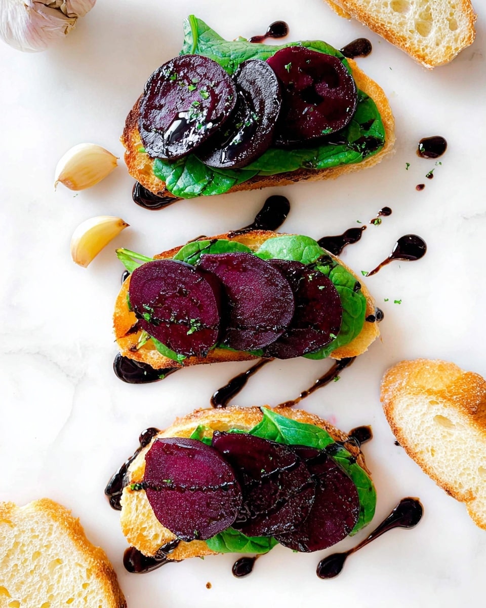 Three toasted golden bread slices are laid out vertically on a white marbled surface. Each slice is topped with a layer of fresh green leafy spinach, then several deep purple beetroot slices arranged neatly on top. A dark, glossy balsamic drizzle is artistically spread over the beetroot and around the bread, creating curves and dots. To the side, there are three small garlic cloves, and part of a sliced toasted bread lies at the bottom right corner. The lighting is bright and highlights the rich colors and textures of the ingredients. photo taken with an iphone --ar 4:5 --v 7