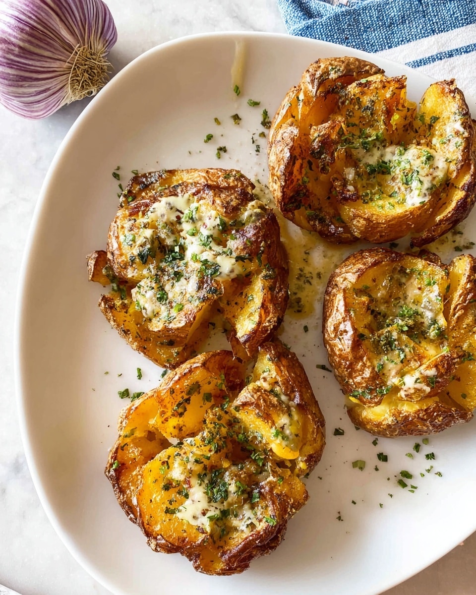 The image shows four golden-brown smashed potatoes on a white plate, each with crispy edges and a slightly soft, chunky center. They are topped with small green herb flakes and a light drizzle of creamy sauce, giving a speckled texture on the surface. The potatoes have a rustic, uneven shape with some parts torn open to reveal the soft inside. The plate sits on a white marbled surface, with a purple-striped garlic bulb and part of a blue and white cloth napkin visible nearby. Photo taken with an iphone --ar 4:5 --v 7