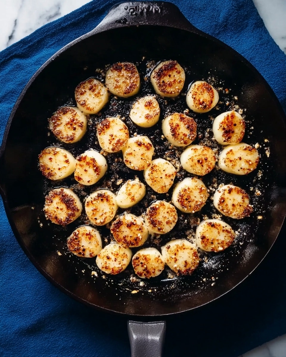 A black cast iron pan filled with one layer of small, round pieces of food that are lightly browned on top with some visible spices sprinkled over them. The pieces are spaced evenly across the surface of the pan. The pan is placed on a dark blue cloth with a white marbled surface partly visible under it. Photo taken with an iphone --ar 4:5 --v 7