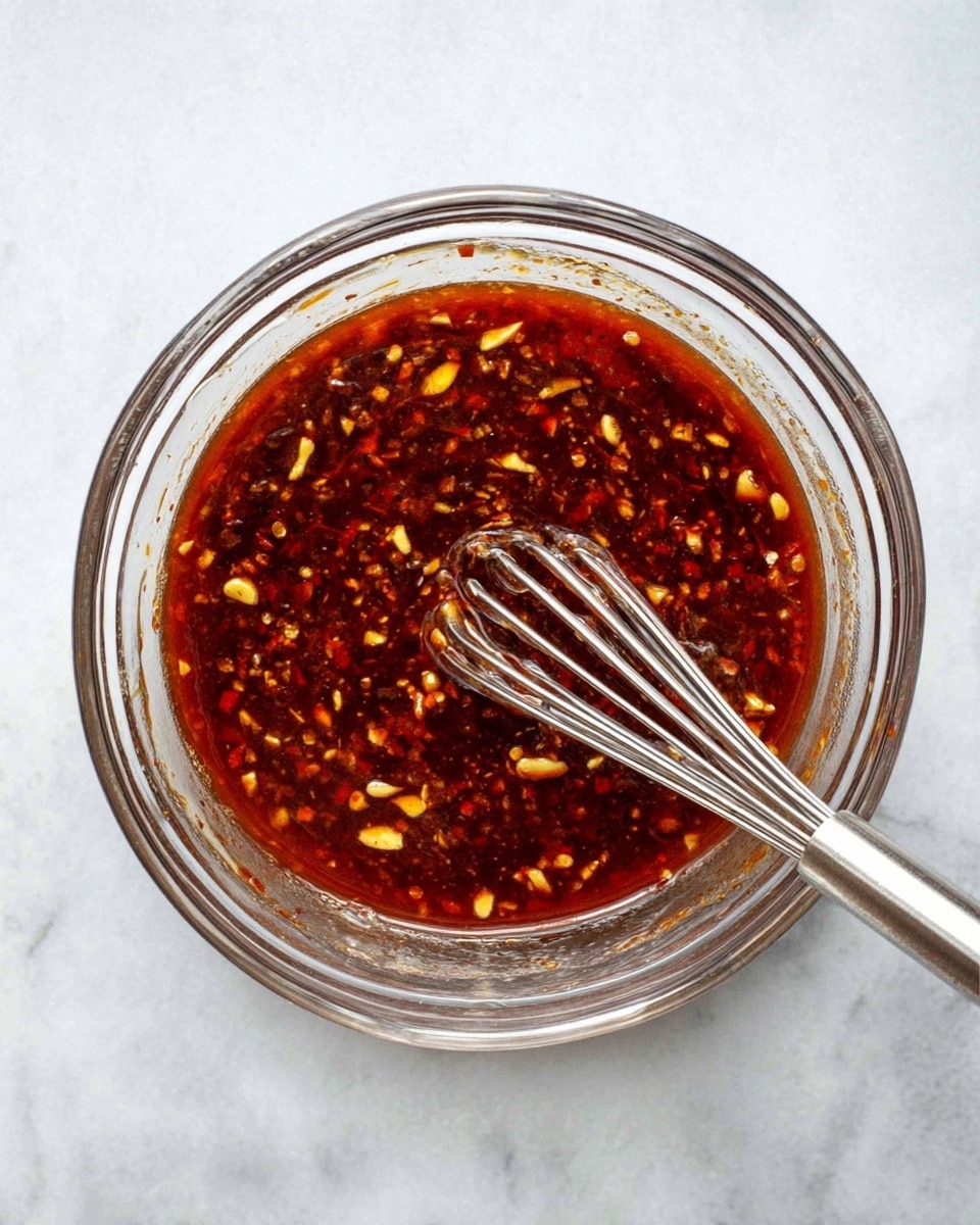 A clear glass bowl filled with one layer of dark red sauce mixed with small pieces of light yellow garlic or ginger floating throughout. A silver metal whisk rests inside the bowl, partially submerged in the sauce, with its handle angled towards the bottom right corner. The bowl is placed on a white marbled surface. photo taken with an iphone --ar 4:5 --v 7