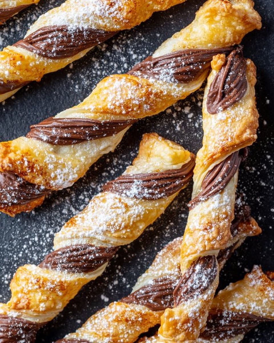 The image shows twisted pastries with layers of golden-brown and light cream-colored dough intertwined with darker chocolate spread. Each twist has thin, crisp layers, with the chocolate layer spiraling inside. The pastries are arranged closely together on a round white plate, sprinkled with white powdered sugar. The background is a white marbled texture. photo taken with an iphone --ar 4:5 --v 7