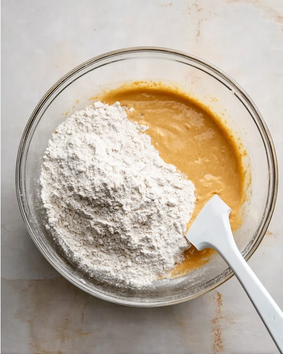 A clear glass mixing bowl on a white marbled surface contains two layers: the bottom layer is a smooth, light orange batter, and on top is a heap of white dry flour. A white spatula with some light orange batter on its edge rests inside the bowl, partially covering the flour. The scene is softly lit, highlighting the contrast between the orange batter and white flour. photo taken with an iphone --ar 4:5 --v 7