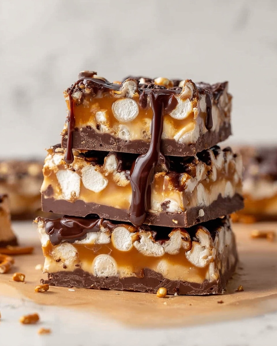 A close-up view of a rectangular bar with three main layers: the bottom layer is dark brown, smooth and firm; the middle layer is light caramel brown with a soft, swirled texture; the top layer has zigzag drizzles of dark chocolate in thick lines over the caramel layer, sprinkled with flaky sea salt crystals. The bar lies on beige parchment paper with some salt flakes around it. photo taken with an iphone --ar 4:5 --v 7