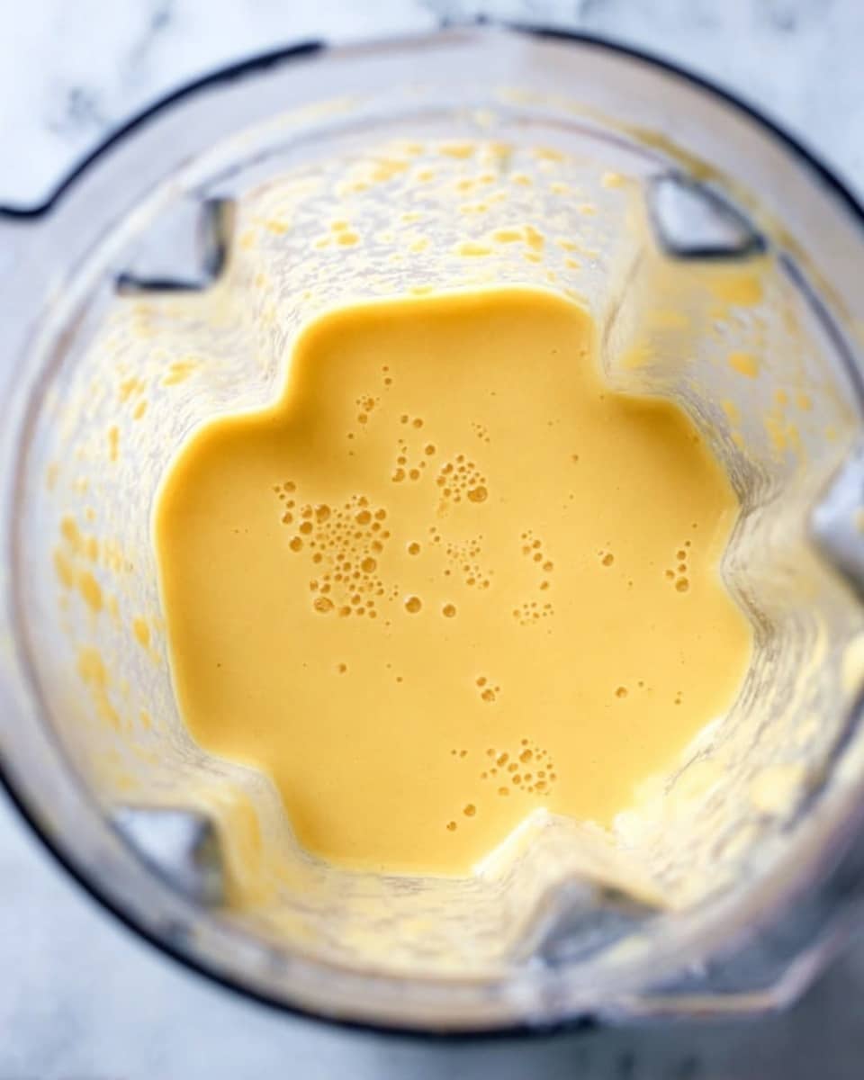 A close-up top view of a clear blender container filled with smooth, thick, and creamy yellow mixture, showing small bubbles on the surface. The blender has some splashes of the mixture on its sides inside. The background is a white marbled surface. Photo taken with an iphone --ar 4:5 --v 7