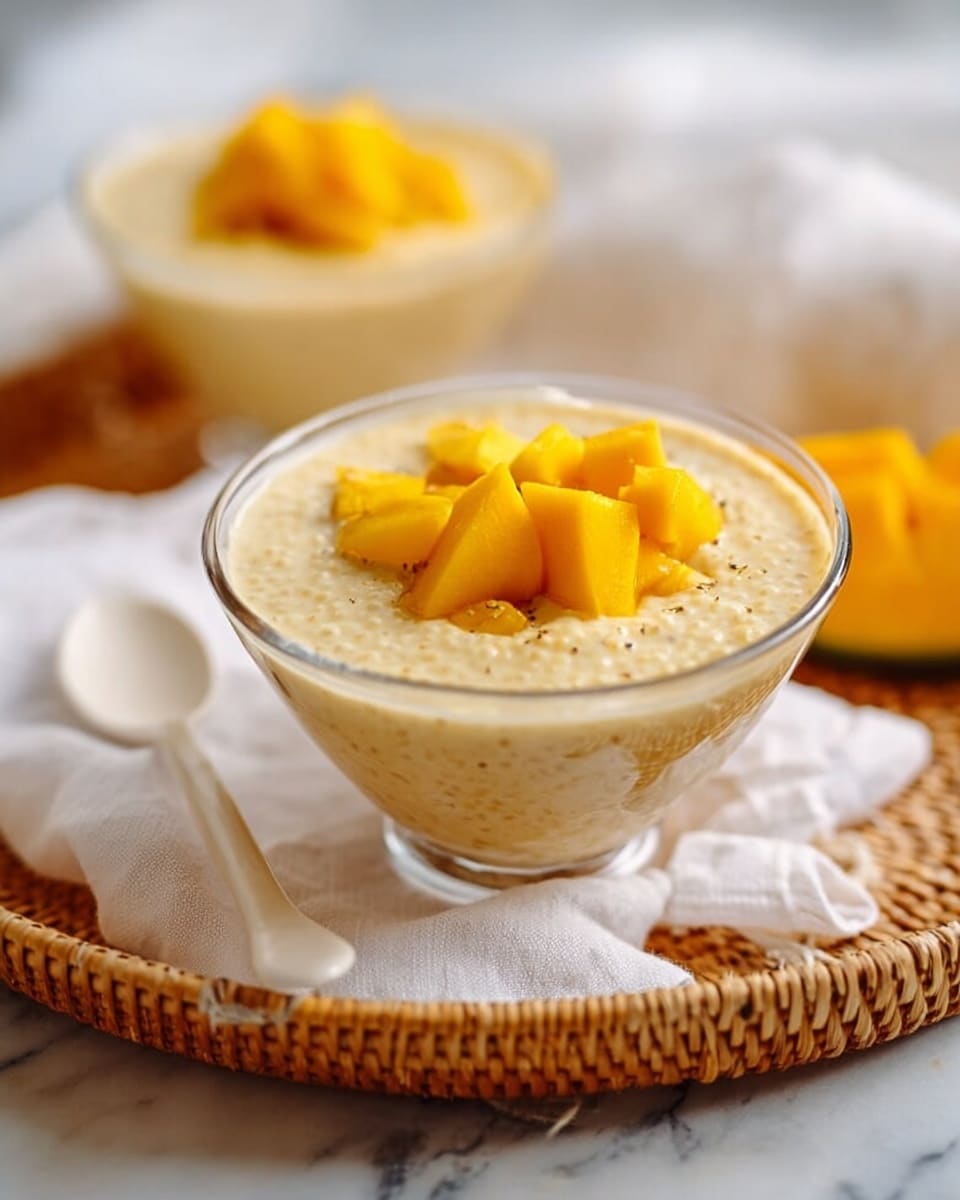 A clear glass bowl filled with a thick creamy beige pudding that has small specks throughout, topped with several bright orange-yellow mango cubes placed neatly in the center. The bowl sits on a woven tray with a white cloth underneath, and a white spoon rests inside the bowl on the left side. In the background, there is a second bowl with the same dessert and mango cubes, slightly out of focus, all set on a white marbled surface. Photo taken with an iphone --ar 4:5 --v 7