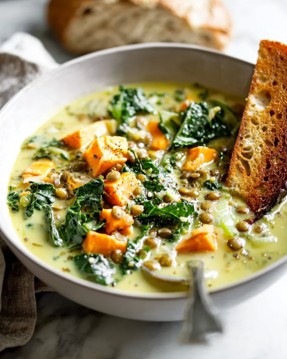 A close-up of a white bowl filled with a creamy, light green soup. The soup has visible layers of orange chunks that look like sweet potatoes, small green lentils, and dark green kale leaves scattered throughout. There is a piece of toasted bread placed on the right edge of the bowl. A silver spoon is resting inside the soup on the left side. The bowl is set on a white marbled surface with a blurred bread loaf and cloth napkin in the background. Photo taken with an iphone --ar 4:5 --v 7