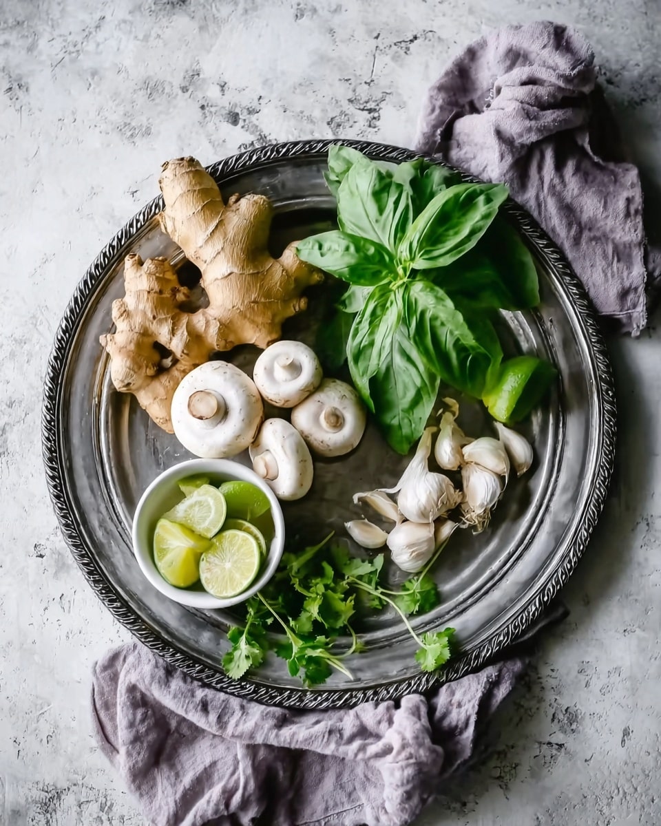 A round silver tray with detailed edges holds an assortment of fresh ingredients on a white marbled surface. On the tray, there is a large piece of light brown ginger root on the left, next to three white mushrooms with smooth caps. Above the ginger and mushrooms, there is a bunch of bright green basil leaves. To the right of the basil, a small white bowl contains several sliced lime wedges with a fresh green color. Below the bowl, there are two bulbs of garlic with their papery skin partly peeled, along with some sprigs of fresh cilantro with bright green leaves. A soft, light purple cloth is casually draped around the tray on the white marbled surface. photo taken with an iphone --ar 4:5 --v 7