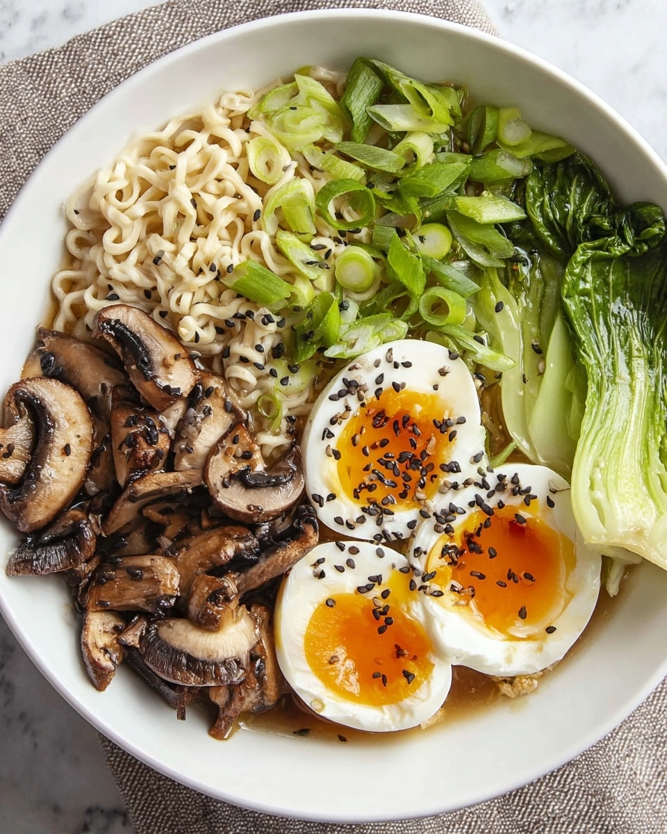 A white bowl filled with a neatly arranged dish of ramen noodles, soft bok choy, sautéed mushrooms, chopped green onions, and two halves of a soft-boiled egg with bright orange yolks sprinkled with black and white sesame seeds. The noodles sit on one side, light beige and slightly curly, next to vibrant green chopped onions. The mushrooms have a brown color and slightly caramelized edges, placed below the noodles. The soft-boiled eggs are positioned near the center, displaying their shiny and smooth yolks. The bok choy is bright green with a bit of broth visible beneath it, all set on a white marbled surface. photo taken with an iphone --ar 4:5 --v 7