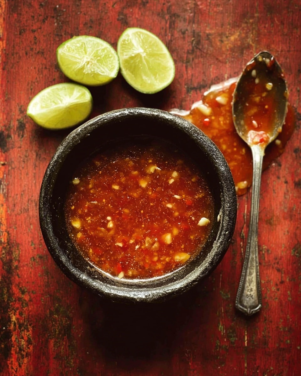 A small rustic black bowl filled with a thick reddish-brown sauce with visible small chunks of garlic and chili floating inside. Next to the bowl on the right is a silver spoon with some sauce dripping from it. Around the bowl at the top are three lime wedges showing a fresh green outer skin and pale yellow-green inside. The whole scene sits on a worn wooden surface with warm reddish tones. photo taken with an iphone --ar 4:5 --v 7