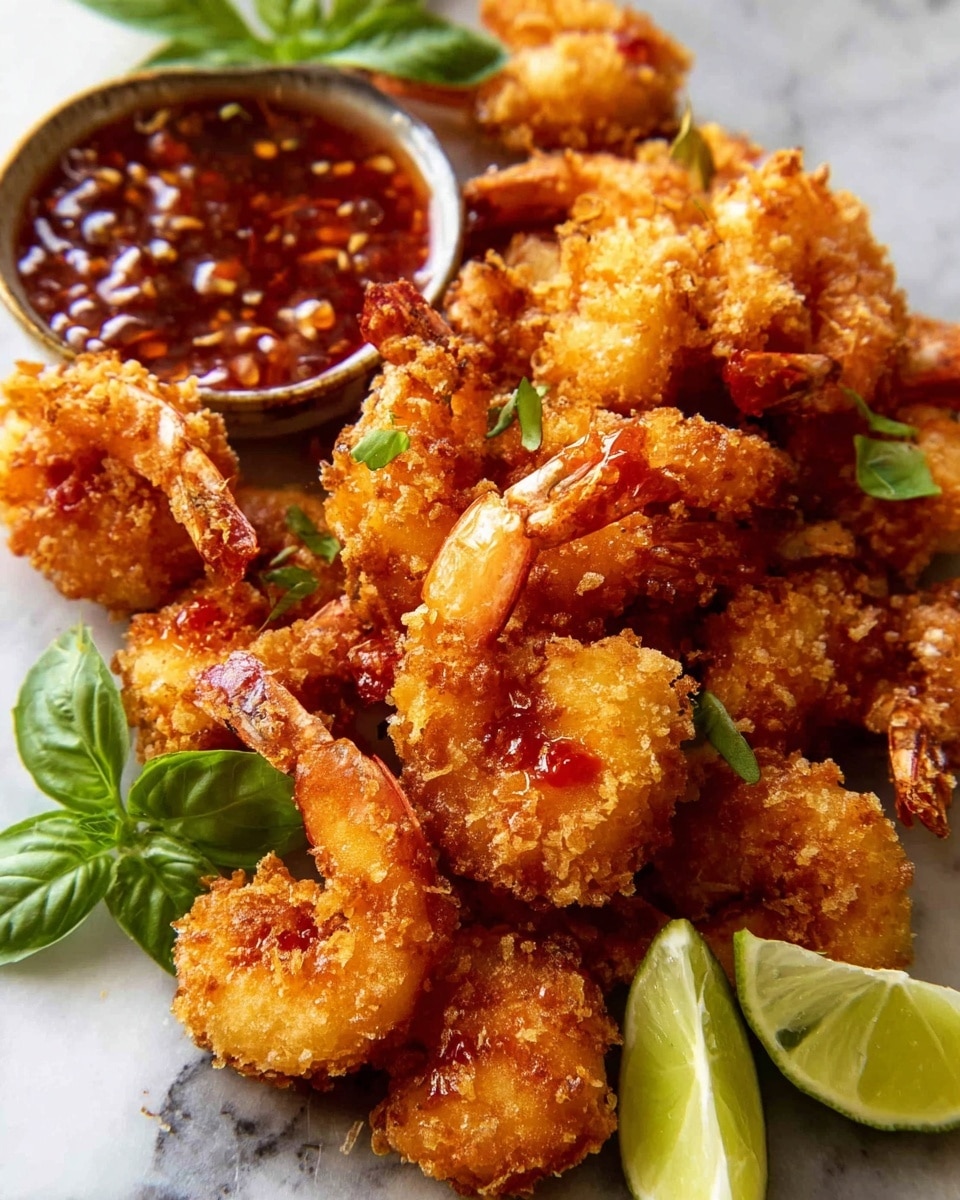 A pile of golden, crispy fried shrimp covered in a crunchy coating sits on white marbled surface, with some shrimp topped with glistening red sweet chili sauce. To the left, there is a small round container filled with thick red sauce speckled with garlic pieces. Bright green fresh basil leaves are placed around the shrimp, and on the right side, there are two lime wedges with a few small basil leaves nearby. The shrimp tails are mostly visible, adding texture and color contrast to the overall scene, photo taken with an iphone --ar 4:5 --v 7