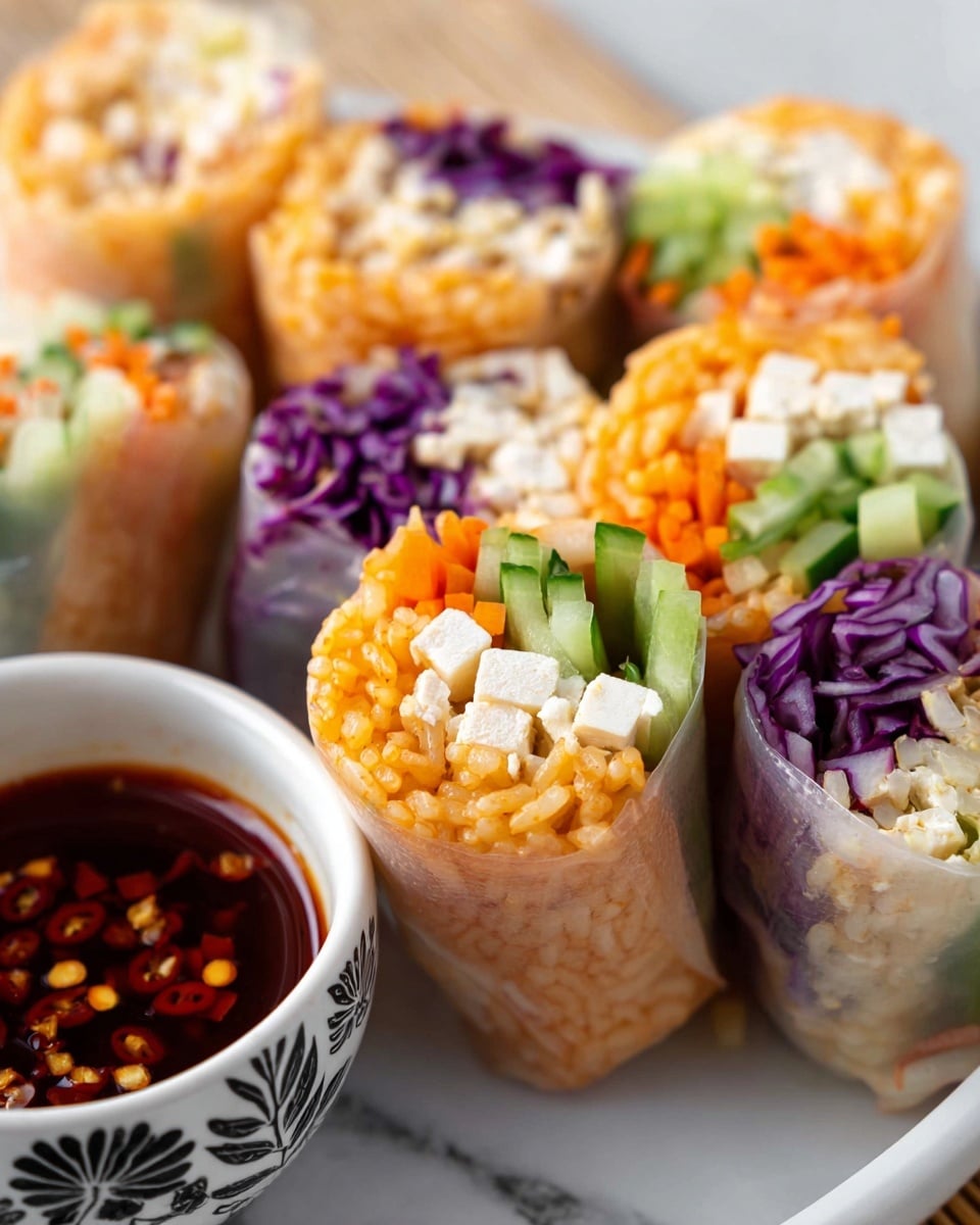 The image shows several fresh spring rolls arranged close together on a white plate on a white marbled surface. Each spring roll has three clear layers inside: a base of orange rice filling most of the roll, topped with small pieces of white tofu, bright purple shredded cabbage, thin orange carrot strips, and light green cucumber slices. The wrappers are thin and slightly shiny, holding the colorful ingredients tightly. In the foreground, a small white bowl with a black leaf pattern holds dark red dipping sauce with visible chili flakes. The focus is close, making the textures of the fresh vegetables and soft rice clear. photo taken with an iphone --ar 4:5 --v 7