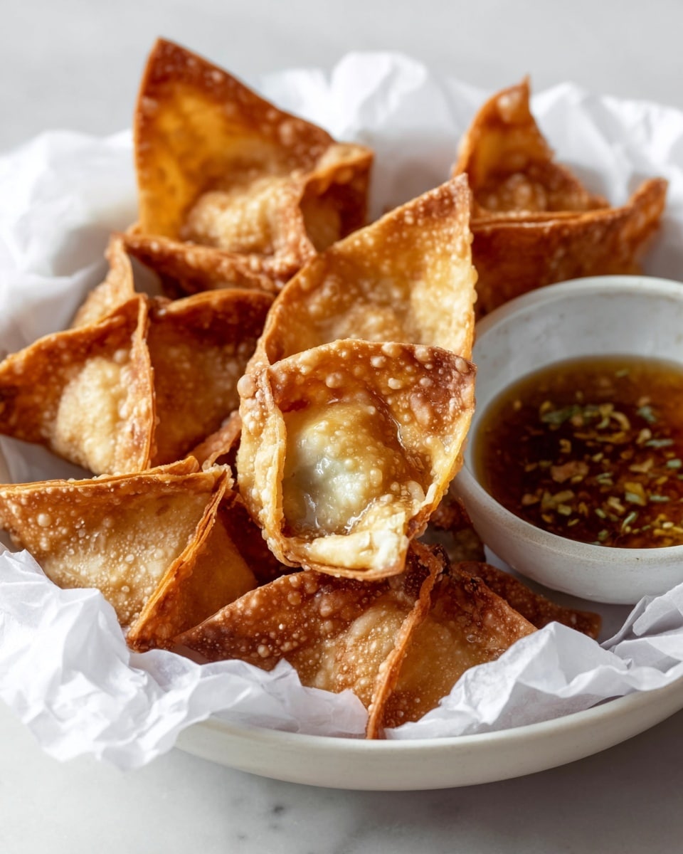 A white bowl holds crispy, golden-brown fried wontons arranged in layers, some with crinkled edges and a crunchy texture. One wonton in the foreground is opened slightly, showing a creamy white filling. Next to the wontons inside the bowl is a small white dish filled with a clear brown dipping sauce that has visible bits of garlic or spices floating in it. The bowl is lined with white crumpled paper, and the whole scene sits on a white marbled surface. photo taken with an iphone --ar 4:5 --v 7