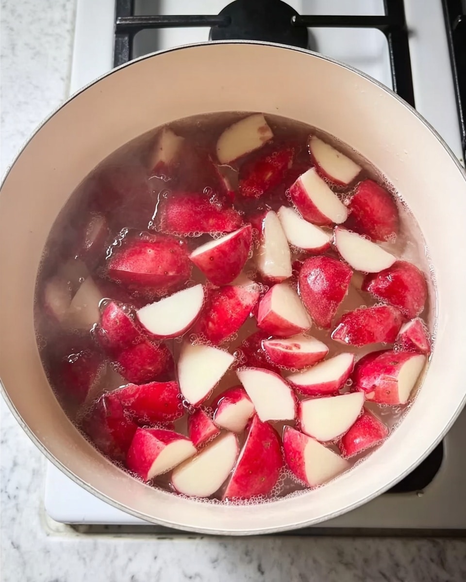 Inside a white pot filled with water, many pieces of red potato with white inside float. The potato pieces are in different shapes, some triangular and some curved, spread evenly in the clear water. Steam rises softly from the water's surface. The pot sits on a stove with visible burners, all placed on a white marbled counter. photo taken with an iphone --ar 4:5 --v 7