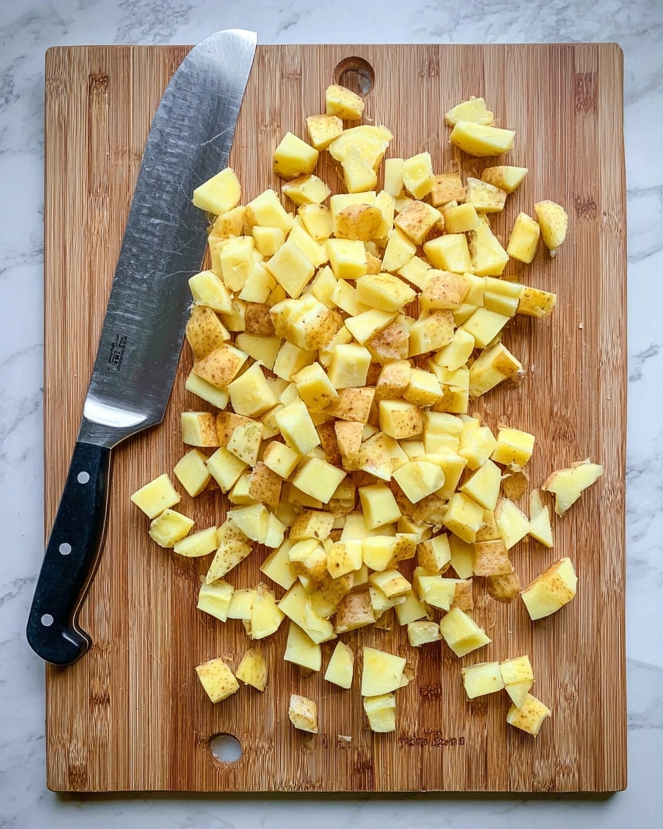 The image shows a wooden cutting board filled with many small, uneven pieces of yellow potato with skin still on, scattered all around. A large knife with a black handle and silver rivets lies on the cutting board, its blade partially covered by the potato pieces. The cutting board is placed on a white marbled surface. Photo taken with an iphone --ar 4:5 --v 7