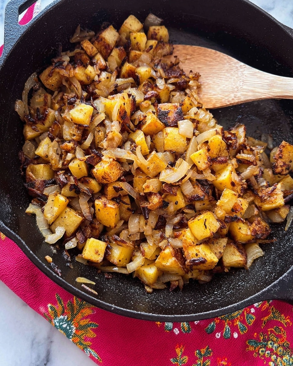 This image shows a black cast iron pan filled with several layers of cooked diced potatoes and thinly sliced onions. The potatoes have a mix of golden yellow and dark brown colors with a crispy, slightly charred texture on some edges. The onions are translucent with light golden hues, scattered evenly throughout the potatoes. A wooden spoon is placed in the pan, angled from the top right corner toward the center, stirring the ingredients. The pan sits on a white marbled surface with a red cloth that has a colorful floral pattern partially visible on the right side. Photo taken with an iphone --ar 4:5 --v 7
