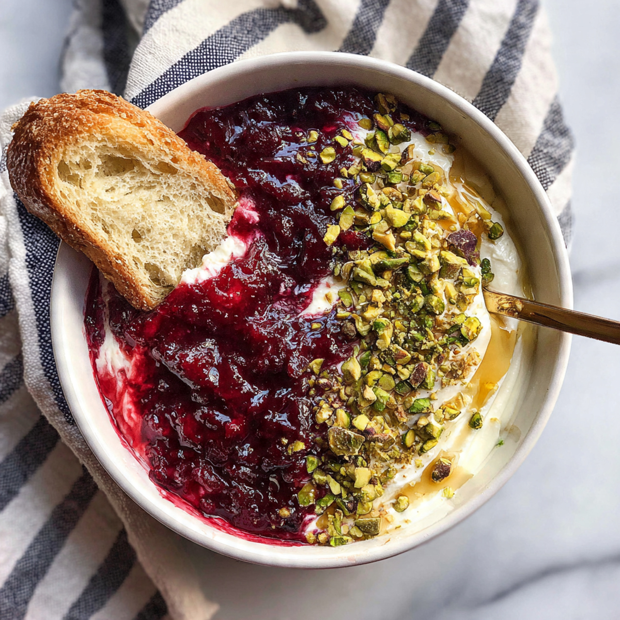 A close-up of a dish in a white round bowl filled with three main layers: the bottom layer is a thick, smooth white cream spread evenly, the middle layer is a chunky dark red berry compote with visible pieces of berries, and the top layer consists of scattered chopped green pistachios adding texture and color contrast. A piece of bread dipped into the cream and compote is partially visible on the left side inside the bowl. The bowl is sitting on a white marbled surface next to a black and white striped cloth. Photo taken with an iphone --ar 4:5 --v 7