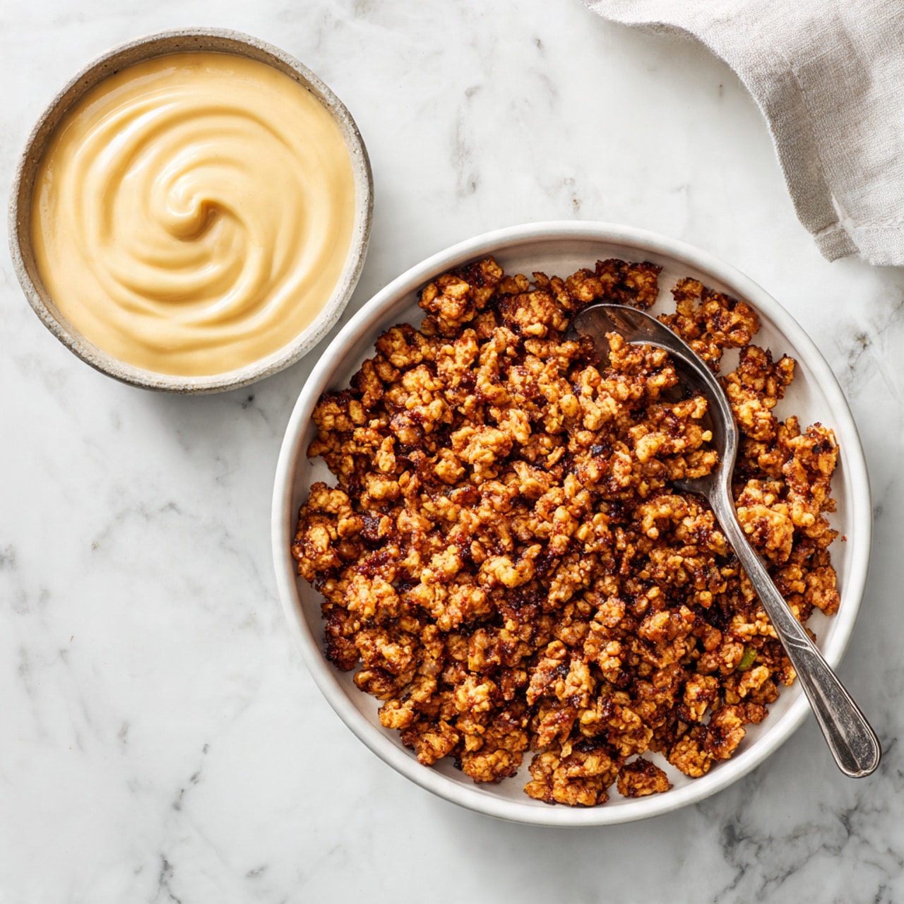 A white bowl filled with a generous serving of cooked ground textured food, golden brown with some darker, slightly charred bits mixed in, creating a rough, chunky texture that is uneven in size; a silver spoon is partially inserted into this mixture near the edge of the bowl. Below to the left, there is a smaller white bowl containing a thick, creamy, light beige sauce with smooth swirls on its surface, and a silver spoon resting inside it. Both bowls sit on a white marbled surface that adds a clean, fresh background to the image. photo taken with an iphone --ar 4:5 --v 7