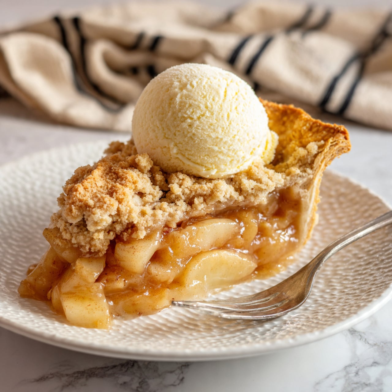 A slice of crumb-topped pie sits on a white plate with a simple fork beside it. The pie slice shows three layers: a golden brown crumbled topping with a rough texture on top, a light tan filling underneath that appears soft, and a thick, slightly darker golden crust around the edges. Nearby, the rest of the pie is in a silver tin with a similar crumb topping and golden crust, with part of it missing. A beige cloth with black stripes is loosely placed beside the pie tin, all set on a white marbled surface. photo taken with an iphone --ar 4:5 --v 7