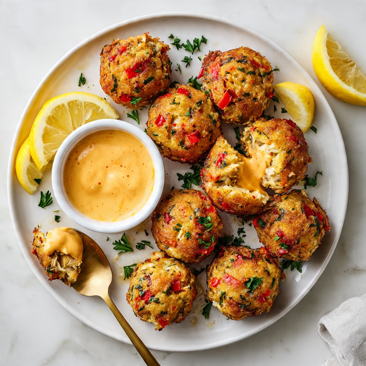 The image shows a white round plate filled with about twenty small, round, golden-brown fried balls. Each ball has a crispy texture with visible red and green bits inside, likely vegetables or herbs. The balls are arranged closely together, covering almost the entire surface of the plate. The plate is set on a white marbled surface. The lighting highlights the crunchy outer layer of the balls, making them look hot and fresh. photo taken with an iphone --ar 4:5 --v 7