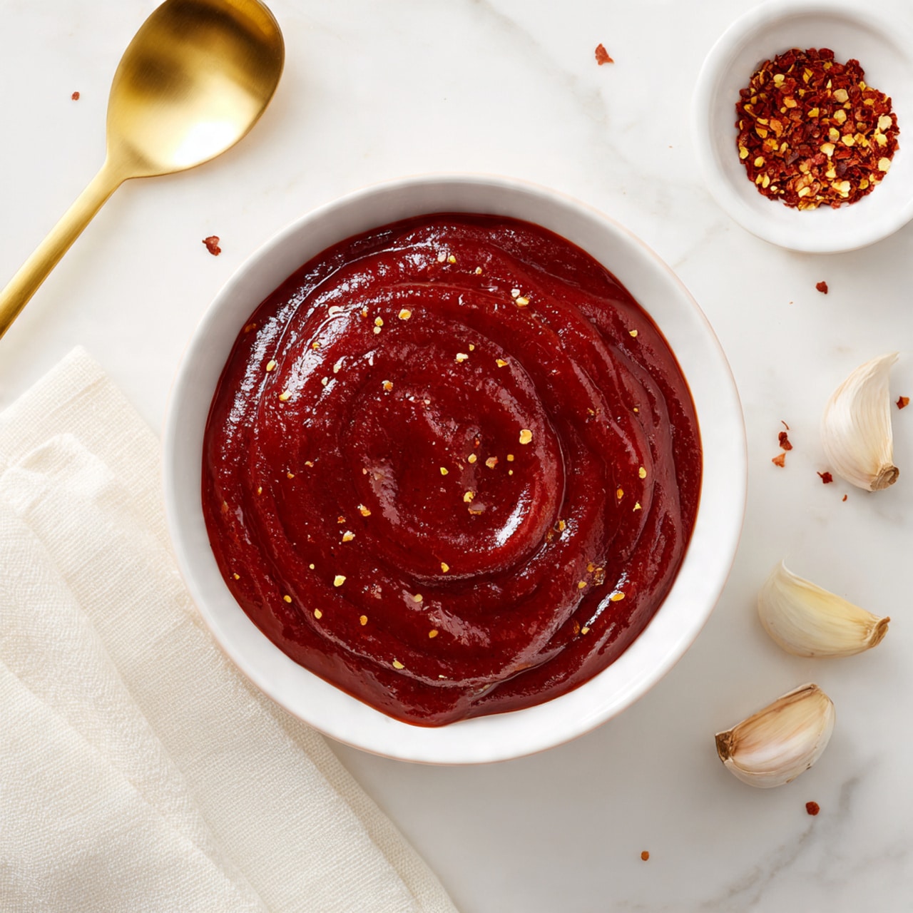 A white bowl filled with a smooth, deep red sauce that has a slightly glossy surface with small bits visible inside. The bowl is placed on a white marbled surface, surrounded by a white cloth on the lower left side, a golden spoon above the bowl, a small white bowl with red pepper flakes in the top right corner, and two garlic cloves on the bottom right side. The overall setting is clean and bright. photo taken with an iphone --ar 4:5 --v 7