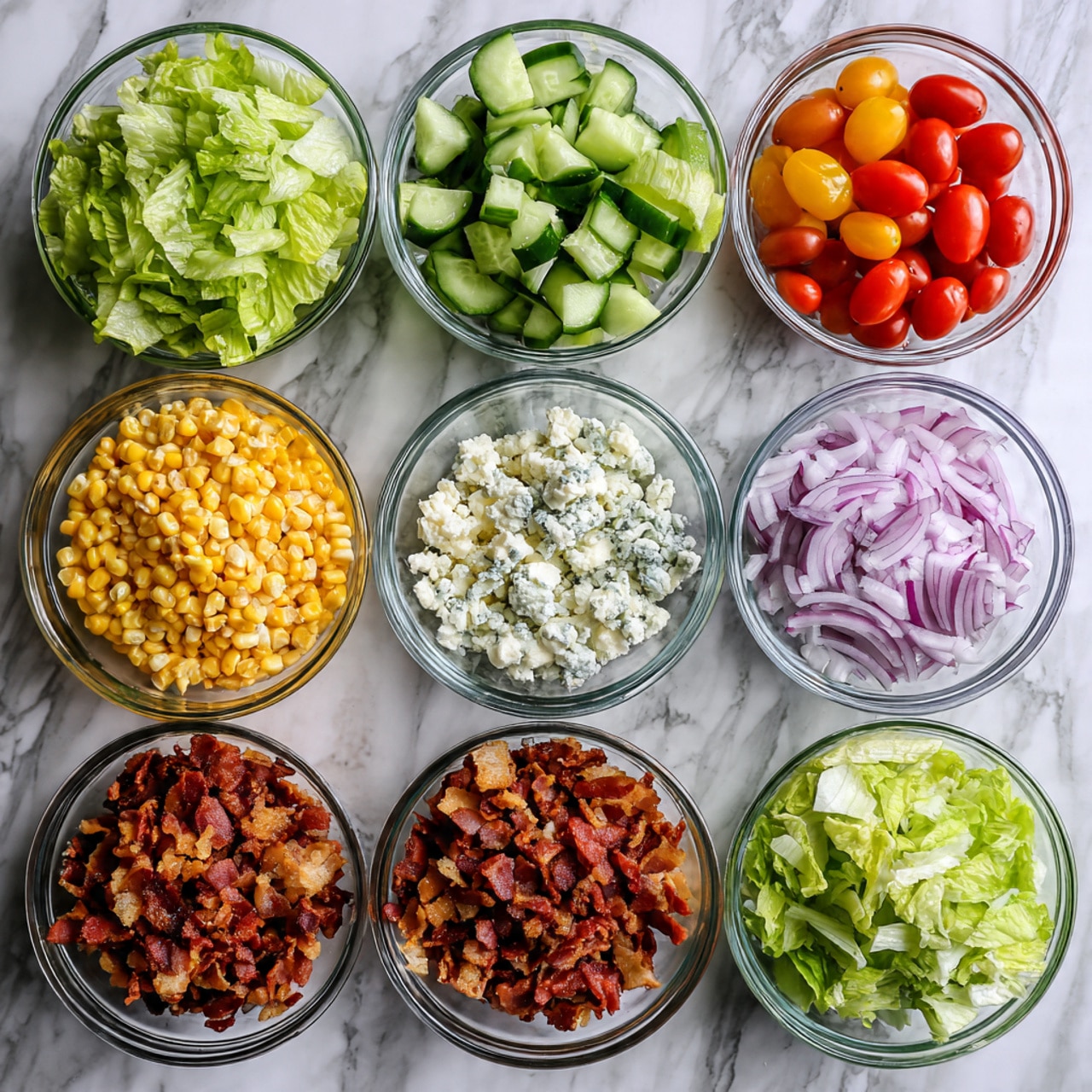 The image shows seven clear glass bowls placed on a white marbled surface, each filled with different fresh salad ingredients. The largest bowl at the back contains bright green lettuce leaves with a crisp texture. To the left, a smaller bowl holds fresh sliced cucumber pieces, light green with darker skin edges. Next to it, another bowl is filled with light yellow corn kernels. In the center foreground, there is a bowl filled with shiny red cherry tomatoes, some whole and some sliced in half showing their juicy interior. To the right, a bowl contains thinly sliced purple-red onions. In the front left, a bowl has crumbly white and light blue cheese. Lastly, in the front right, there is a bowl filled with crispy dark reddish-brown bacon pieces. Photo taken with an iphone --ar 4:5 --v 7