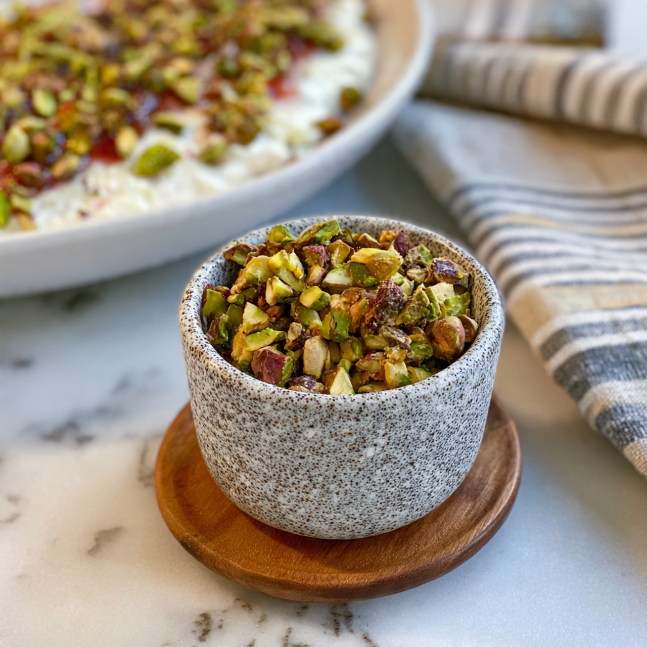The image shows a close-up of two dishes on a white marbled surface. The foreground has a small gray speckled bowl with an irregular shape, filled with chopped roasted pistachios that are golden brown and green in color. This bowl sits on a round wooden coaster. In the upper right corner, part of a white plate is visible holding a creamy white spread topped with a dark red jam and scattered pistachio pieces in green and golden brown hues. A black and white striped cloth is tucked slightly behind the plate. The focus and lighting highlight the textures and colors clearly photo taken with an iphone --ar 4:5 --v 7