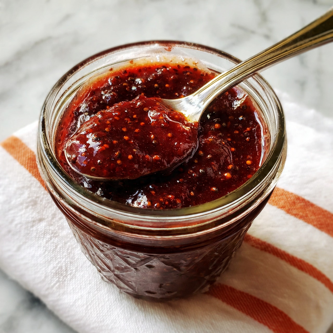 A close-up view of a glass jar filled with thick, dark red sauce showing tiny black specks. A silver spoon with a hammered texture rests on top of the jar, holding a smooth, thick layer of the sauce that covers the spoon surface evenly. The jar is placed on a white marbled surface with a white cloth nearby that has thin, orange zigzag stripes. The lighting is bright and natural, highlighting the rich color and glossy texture of the sauce. Photo taken with an iphone --ar 4:5 --v 7