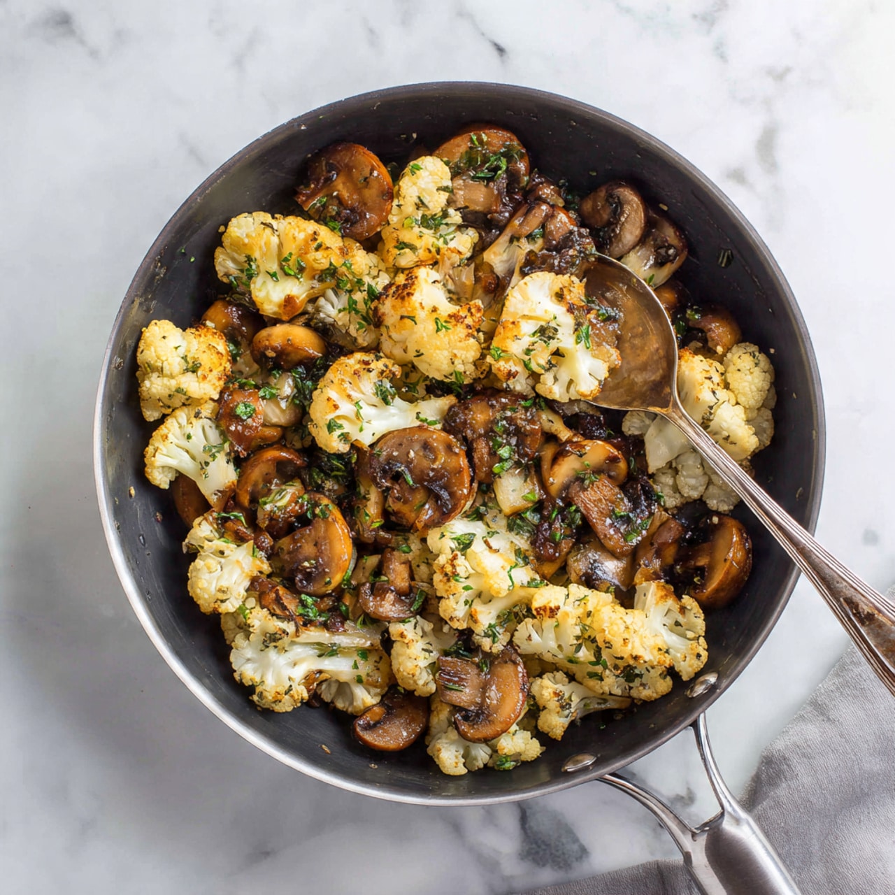 A close-up top view of a pan filled with cooked whole brown mushrooms mixed with small cauliflower florets. The cauliflower pieces are light yellow with a soft texture, while the mushrooms have a shiny, browned exterior. There are small green herb bits sprinkled evenly across the vegetables, and a silver spoon rests on the right side in the pan, slightly lifting some of the mixture. The pan sits on a white marbled surface. photo taken with an iphone --ar 4:5 --v 7