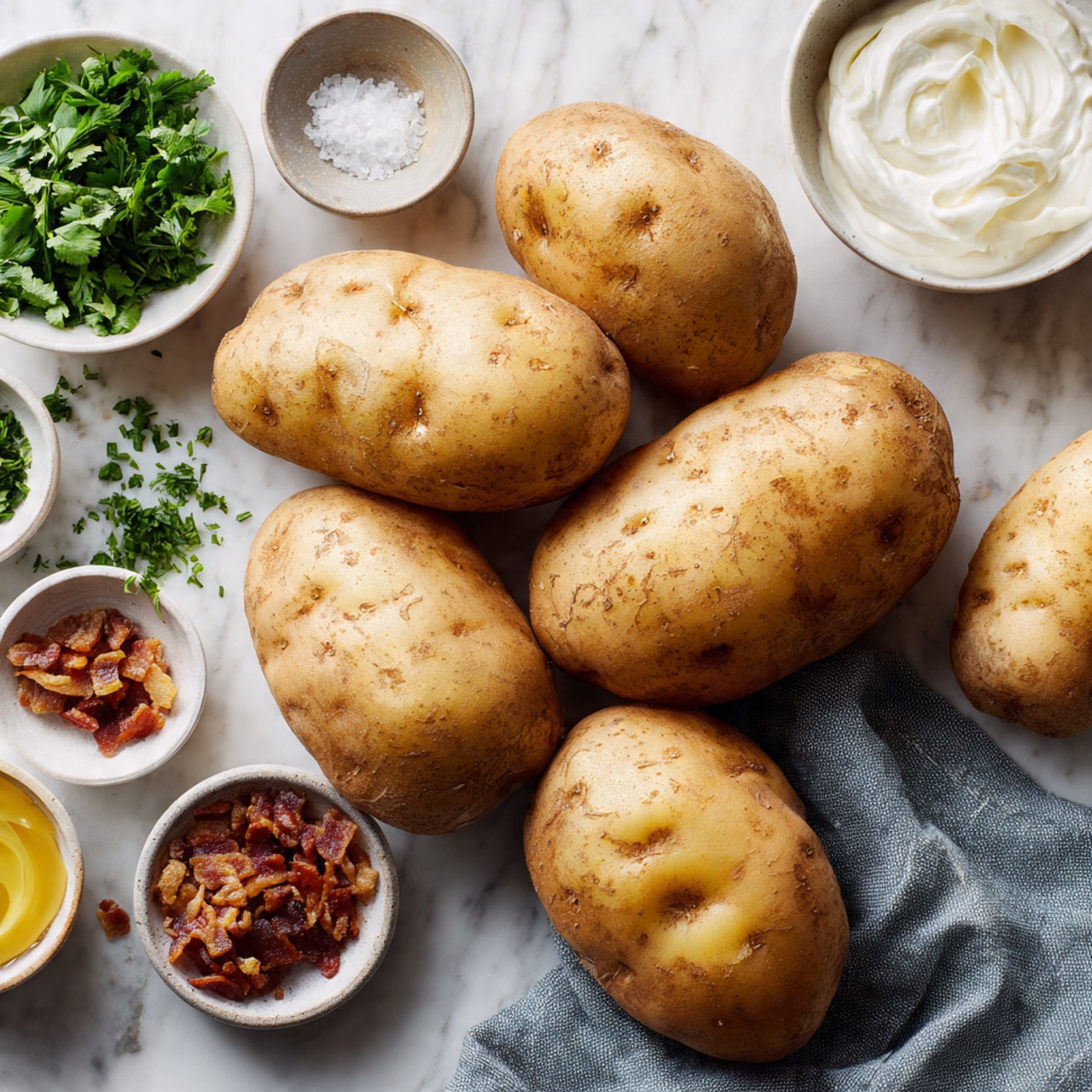 The image shows four whole light brown potatoes arranged on a white marbled surface, accompanied by a small round wooden bowl filled with chopped green herbs. A small clear glass jar with light yellow oil is near the top. There is a white bowl with creamy white sauce inside, with a brown wooden spoon resting in it. Next to it, a small round wooden bowl contains salt. In the bottom right, a white rectangular tray holds a layer of small crispy brown bacon bits, and a gray cloth napkin lies near the potatoes. Photo taken with an iphone --ar 4:5 --v 7