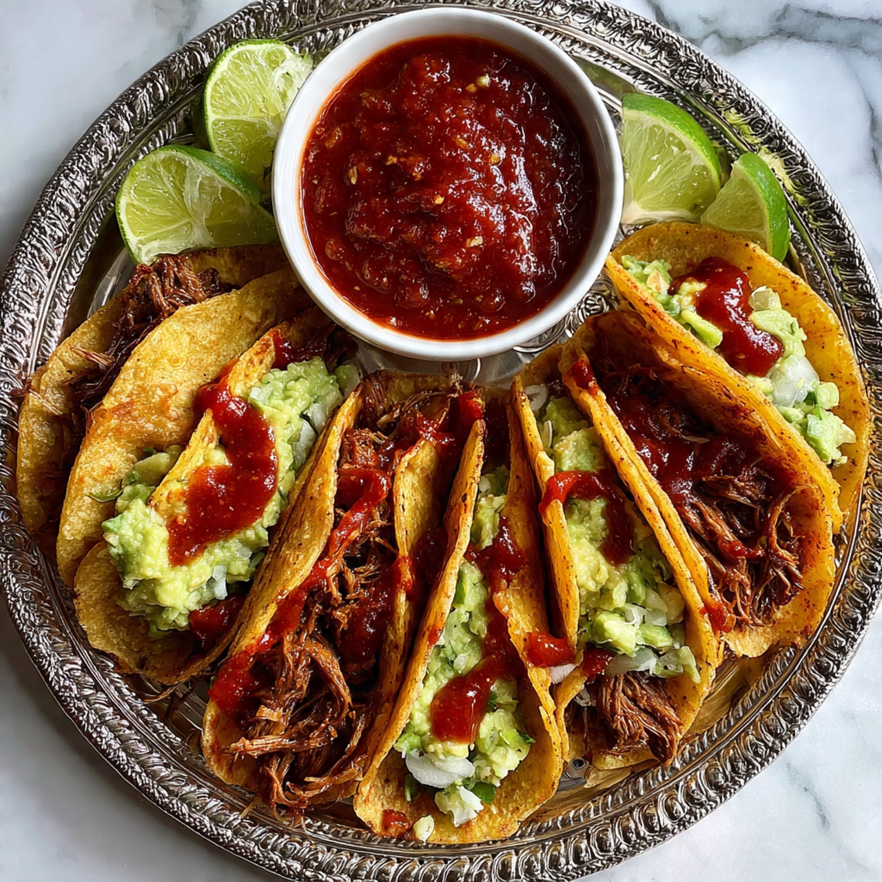 A white tortilla lies flat on a patterned silver tray with a wedge of lime beside it. On the tortilla, there is a scoop of bright green guacamole with a chunky texture, next to a pile of dark brown, shredded meat that looks tender and juicy. On top of the meat and guacamole, there is a drizzle of red salsa with a thick, slightly chunky texture. Around this main tortilla, there are more tortillas folded with similar fillings of green guacamole, dark brown shredded meat, and red salsa. To the top side, a white bowl filled with chunky red salsa is partially visible. The whole setting is on a white marbled surface. Photo taken with an iphone --ar 4:5 --v 7
