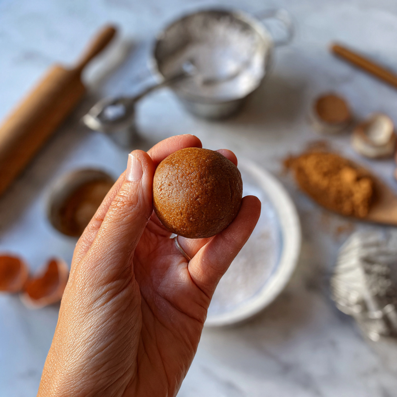 Gingerbread Crinkle Cookies Recipe 4 A close-up image of a woman's hand holding a small, smooth, shiny brown dough ball resting on the palm. The background is a white marbled texture with blurred elements including a white rectangular tray, a white bowl with two silver spoons, and a small white bowl with white powder. The woman’s hand is open with fingers slightly curved, showing natural skin texture and lines. photo taken with an iphone --ar 4:5 --v 7