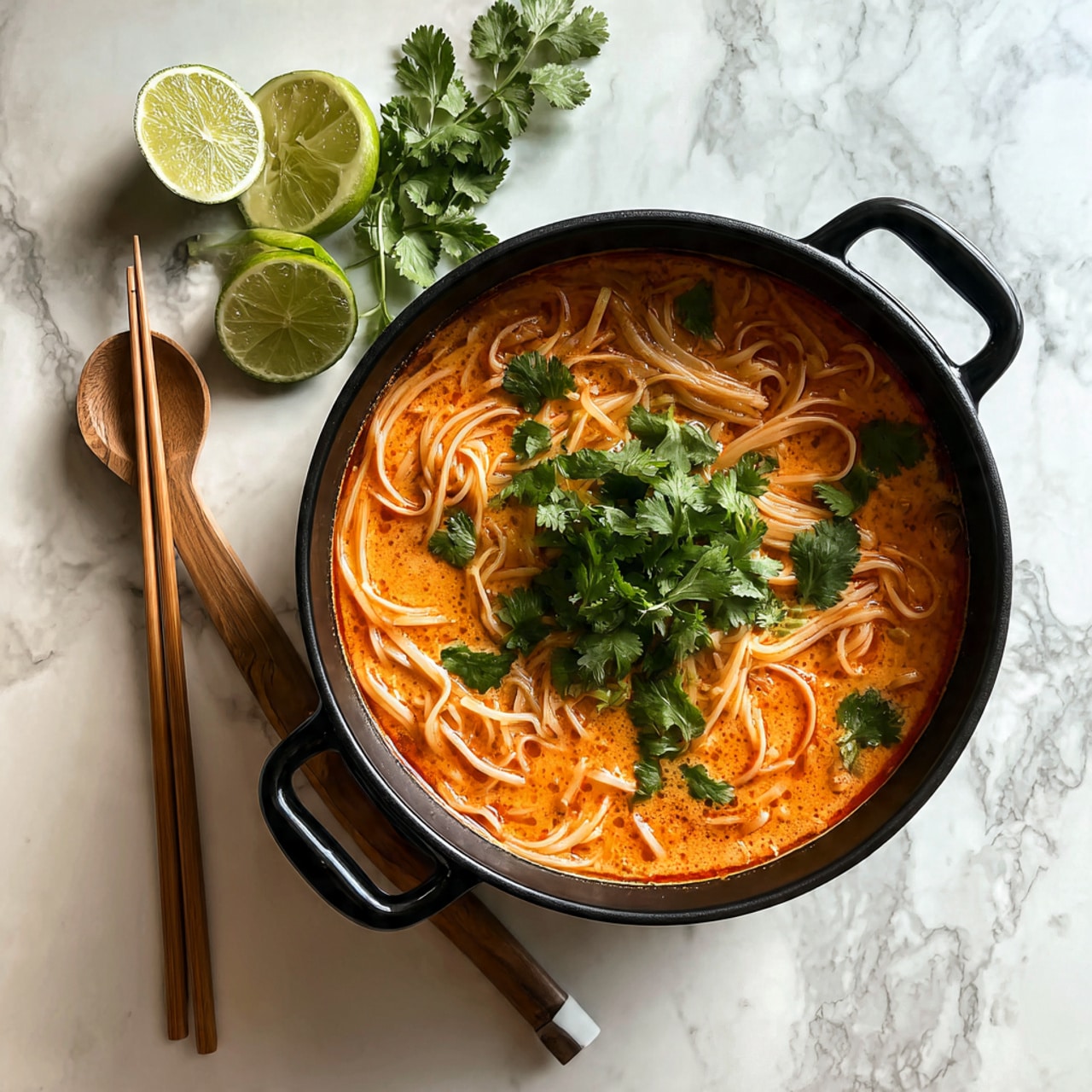 A round black pan filled with a reddish-orange thick soup with visible thin noodles, chunks of white meat, and small pieces of red and green vegetables spread evenly throughout. Fresh green cilantro leaves are scattered on top of the soup, adding a touch of brightness. On the white marbled surface next to the pan, there is a white cutting board with lime wedges and a bunch of fresh cilantro. In the bottom corner, there is a dark plate with a pair of brown chopsticks resting on it. Photo taken with an iphone --ar 4:5 --v 7