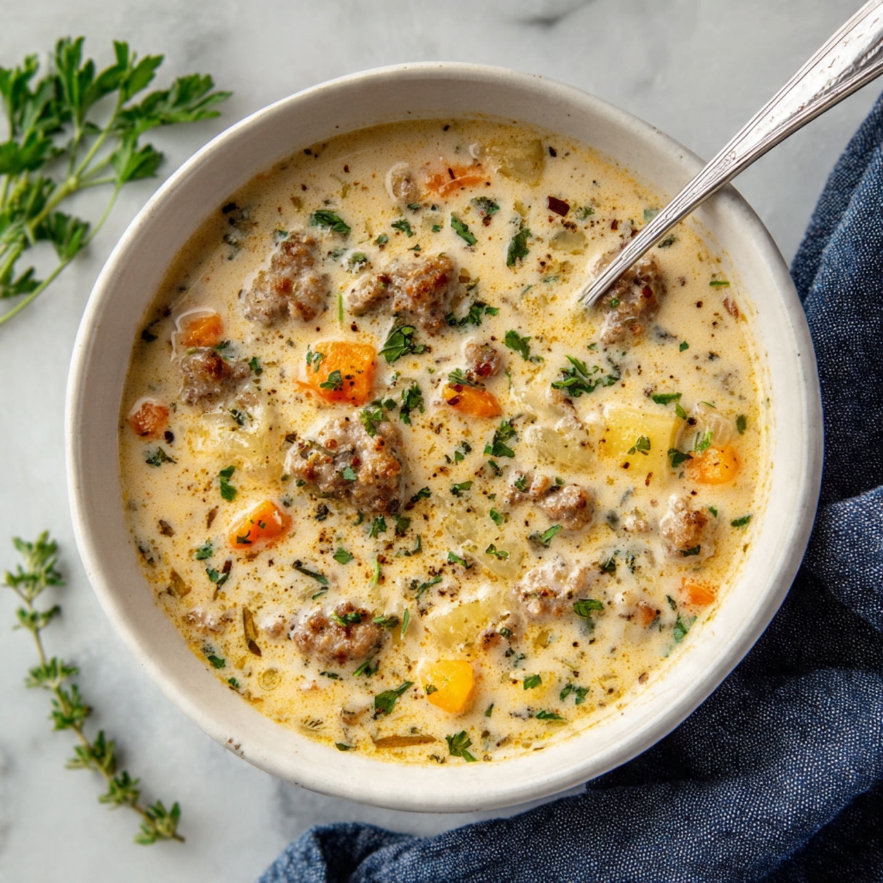 A white bowl filled with creamy, thick soup showing multiple layers of ingredients; the soup has light beige base with small chunks of orange carrot, yellow potato pieces, brown bits of sausage, and green herbs scattered throughout, giving it a textured and rich look. A silver spoon rests inside the bowl on the right side, slightly dipped into the soup. The bowl sits on a white marbled surface with some green herb leaves visible at the top left corner and a soft, folded dark blue cloth near the bottom right. photo taken with an iphone --ar 4:5 --v 7